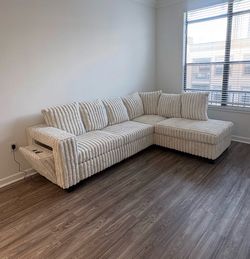 (NEW IN BOX) Beige Cord Reversible Sectional With Cup Holder & USB CHARGING PORTS** -FINANCE AVAILABLE