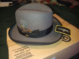 gray Stacy Adams Wool Godfather (Homburg) hat featuring a black band and a decorative feather cluster.