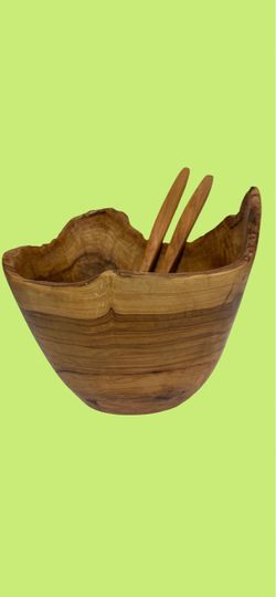 Rustic Olive Wood Salad Bowl with Servers