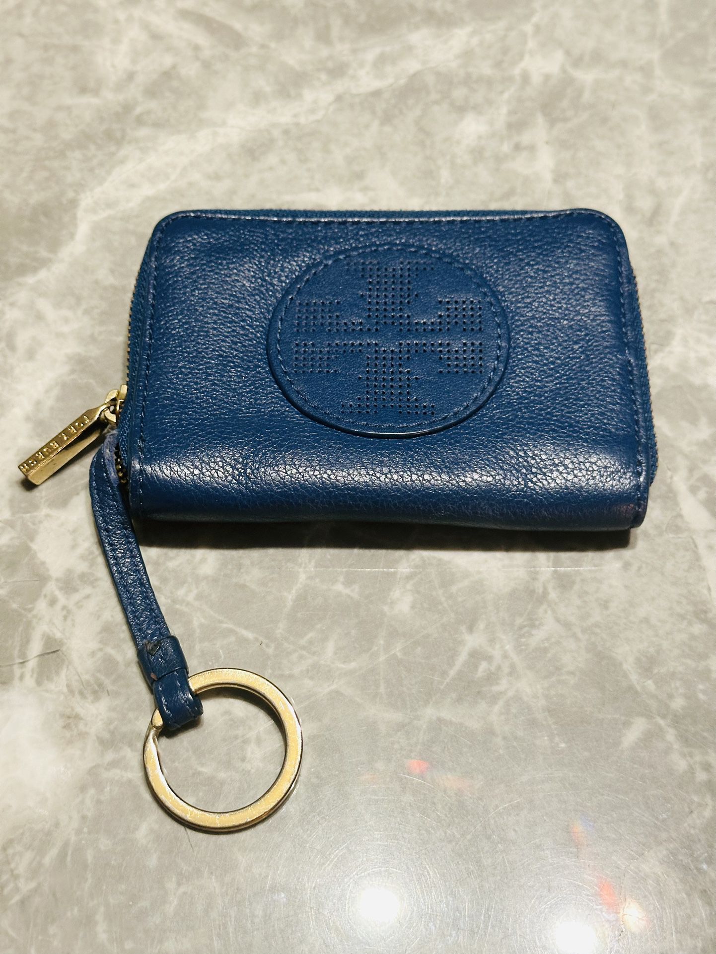 Tory Burch Mini Card Holder Key Chain Wallet Blue Pebbled Leather