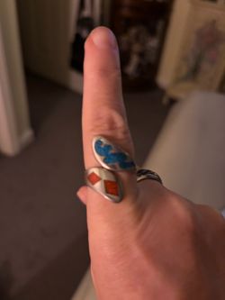 Silver Ring with Turquoise and Coral Inlay