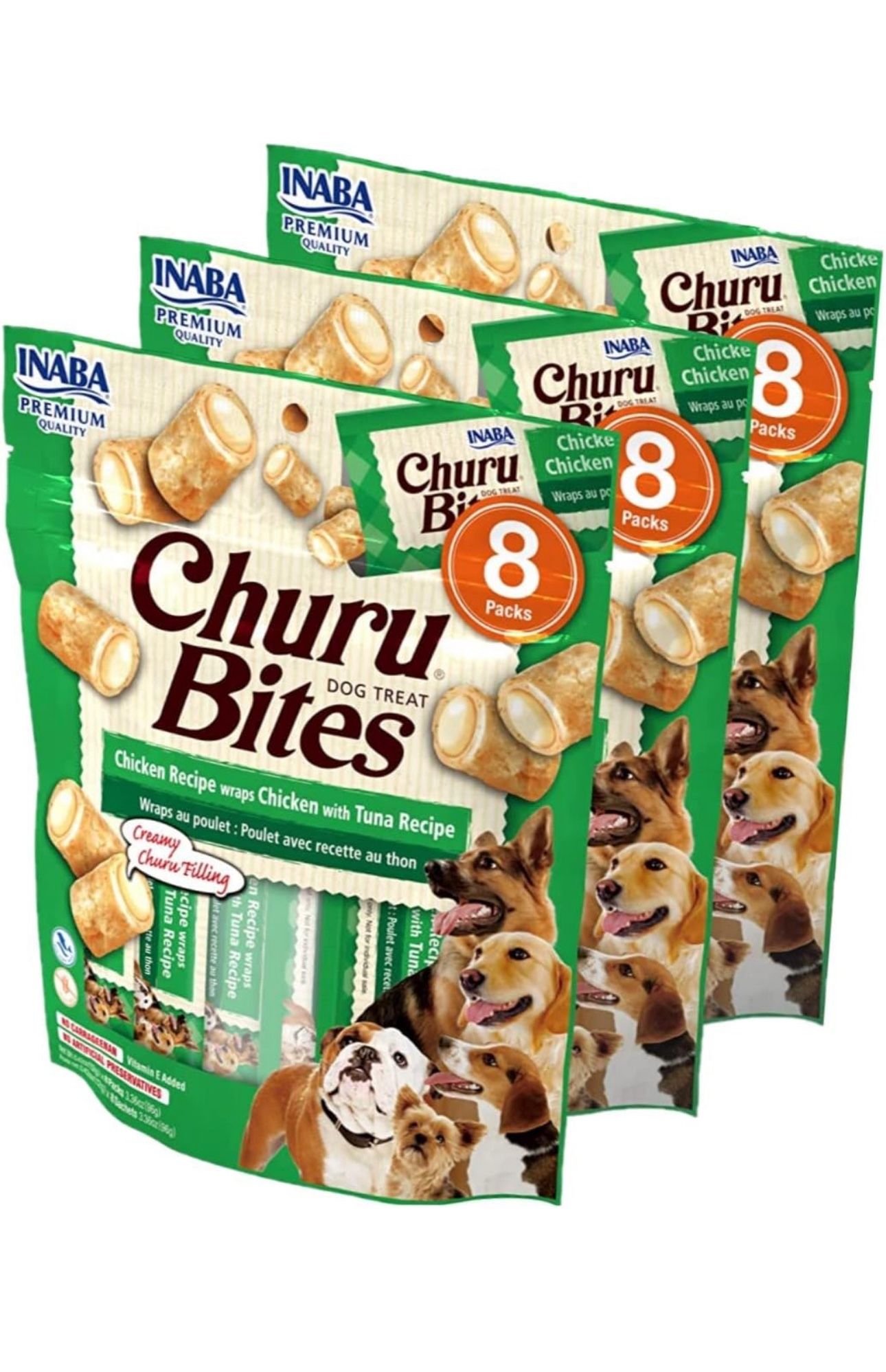INABA Churu Bites for Dogs, Grain-Free, Soft/Chewy Baked Chicken Wrapped Churu Filled Dog Treats, 0.42 Ounces Each Tube | 24 Tubes Total (8 Tubes per