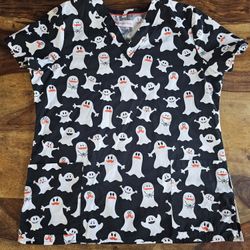 White Cross Cartoon Scrubs Scrub Top Holiday Halloween Graphic Ghosts Medium EUC