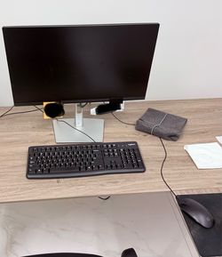Monitor, keyboard, mouse, headset