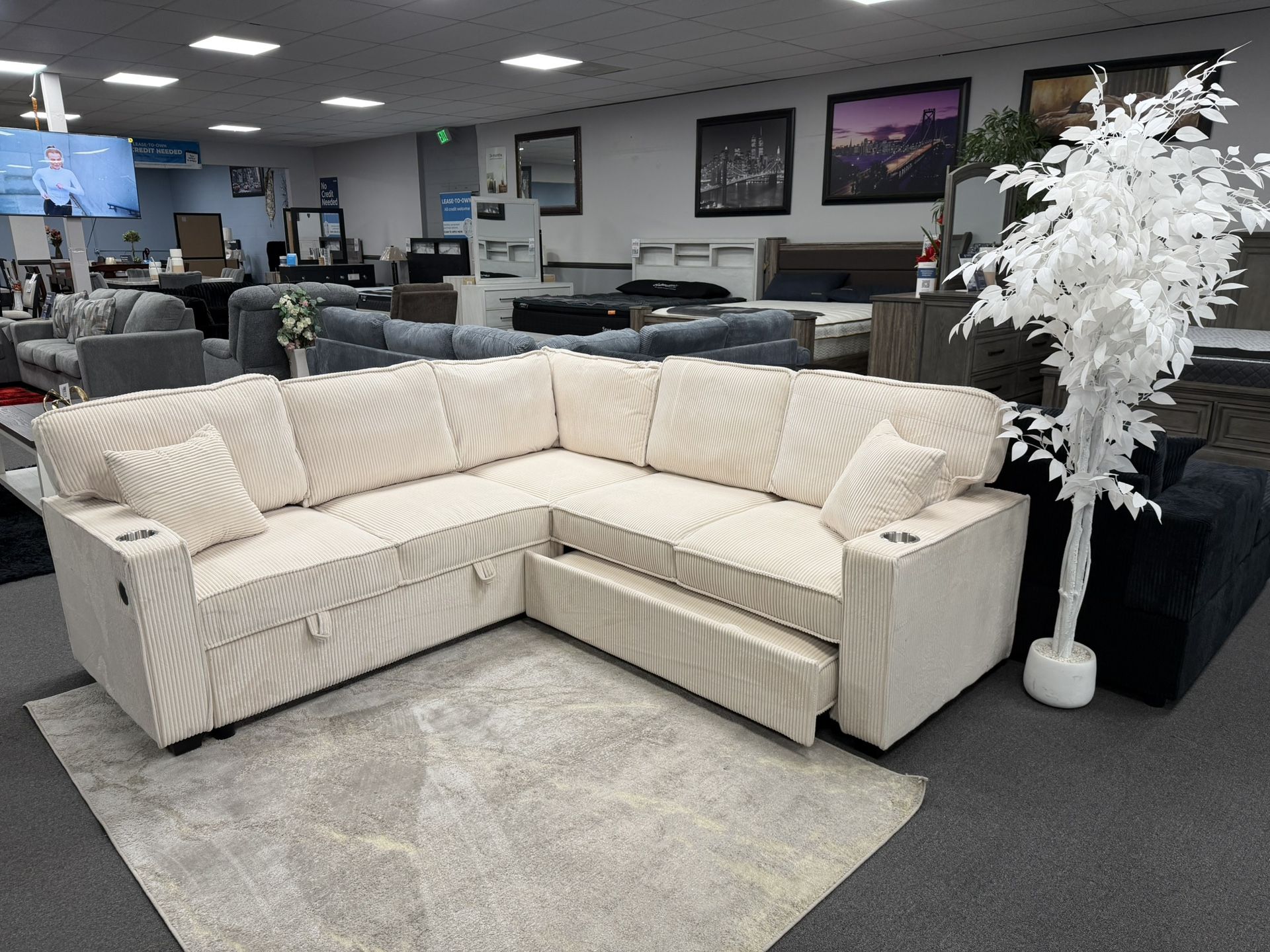 Beige Sofa Sectional w/ Pull Out Sleeper