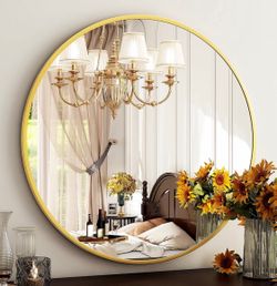 Large round gold trim mirror