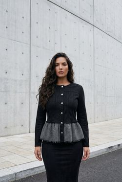 Solitaire Black Herringbone Peplum Button Front Jacket Large