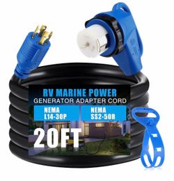 Kanayu 20ft L14-30p to Ss2-50r Rv Marine Power Generator Adapter Cord, 30a 4 Prong Locking Generator L14-30p Male to 50a Marine Shore Power 90 Degree