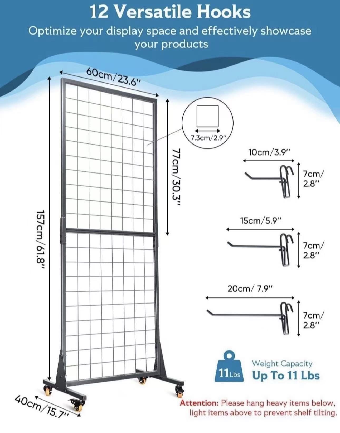 Grid Wall Panels Display Stand 2'x5.3' Ft, Display Rack with T-Base Locking Wheels Freestand