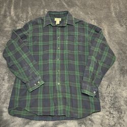 LL Bean Shirt Mens  Green Blue Plaid Flannel Button Up Long Sleeve
