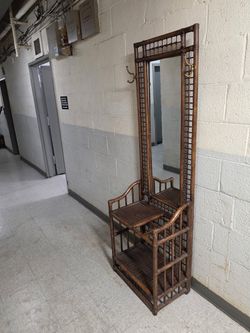 Vintage Bamboo / Rattan Hall Tree Entryway Bench w/ Mirror & Coat Hooks
