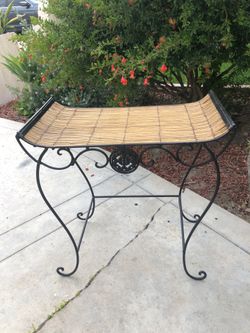 Wooden mid century vanity seat black wrought iron frame woven bamboo top
