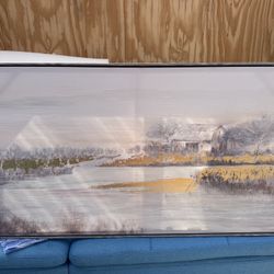 🍁Textured Landscape Canvas Painting with Frame – Modern Farmhouse Wall Art. Large size 49 in x 25in