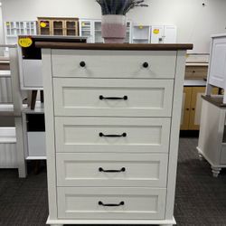 Off White Dresser for Bedroom with 5 Drawers, Tall Kids Dressers with Wide Chest of Drawers, Mid Century Modern Wooden Closet Storage Organ