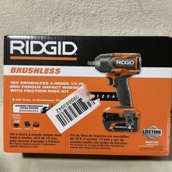 RIDGID. 18V Lithium Ion Brushless Cordless 1/2 in. 4-Mode Mid-Torque Impact Wrench Kit. R86012K.