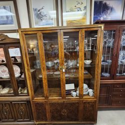 Vintage Burl Wood & Brass Campaign Style China Cabinet