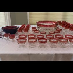 Vintage Ruby Red Diamond Point Mid Century Party Set