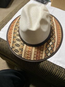 White Straw Fedora Hat with Tribal Patterned Woven Trim