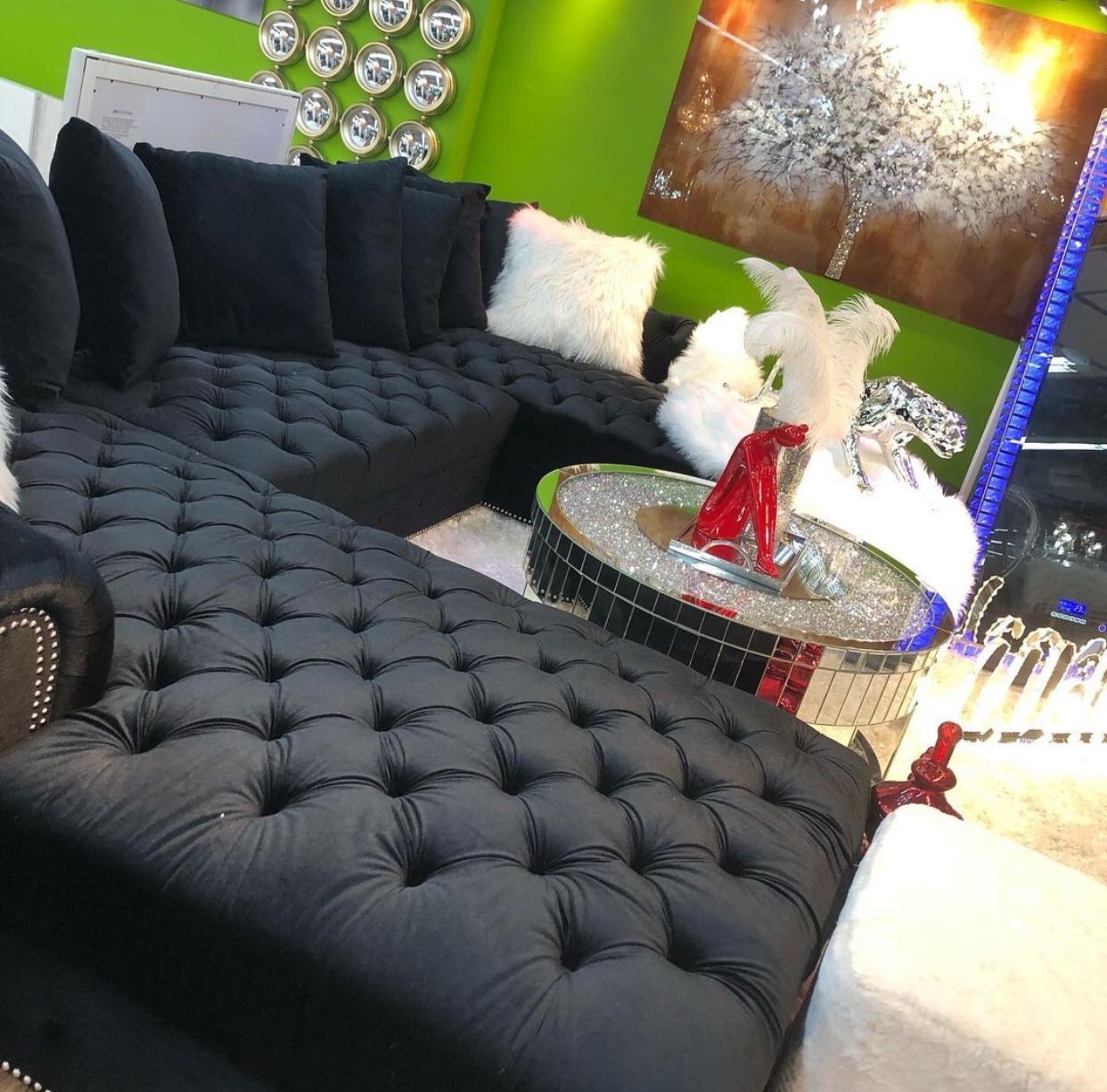 Kim Black Velvet Double Chaise Sectional /couch /Living room set