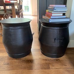 2 Brown Metal Drum End Tables