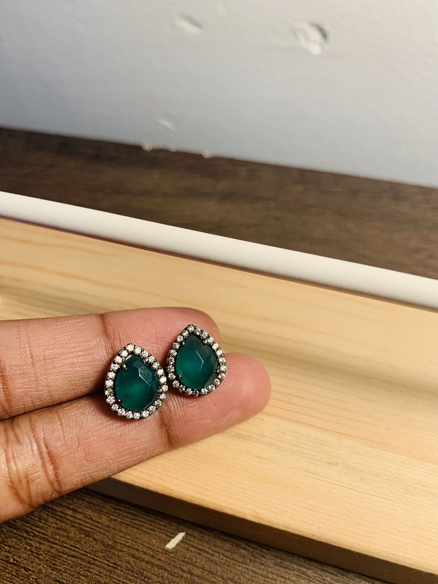 Pear Shaped Emerald Moissanite Accent Frame Stud Earring
