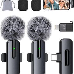 Wireless Mini Microphone for iPhone - 2 Pack Lavalier bluetooth Microphone for Video Recording, 2 In 1 Noise Reduction Lapel Mic for Ipad, Android, Cl