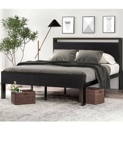 O17 $90 ❤️ 14 Inch Queen Size Metal Platform Bed Frame with Wooden Headboard and Footboard, Mattress Foundation, No Box Spring Needed, Large Under Bed