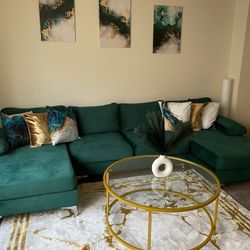Section Couch, 2 Gold Glass Tables & A Mirror