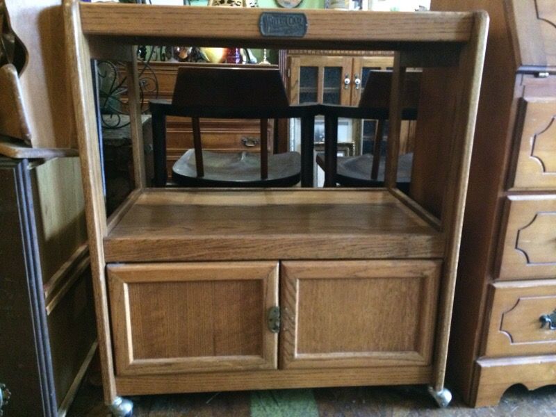 Vintage oak rolling bar serving microwave cart