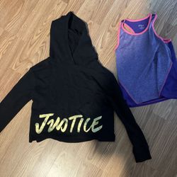 Girls Justice Black Hoodie with Gold Logo and Purple Tank Top bundle size 6