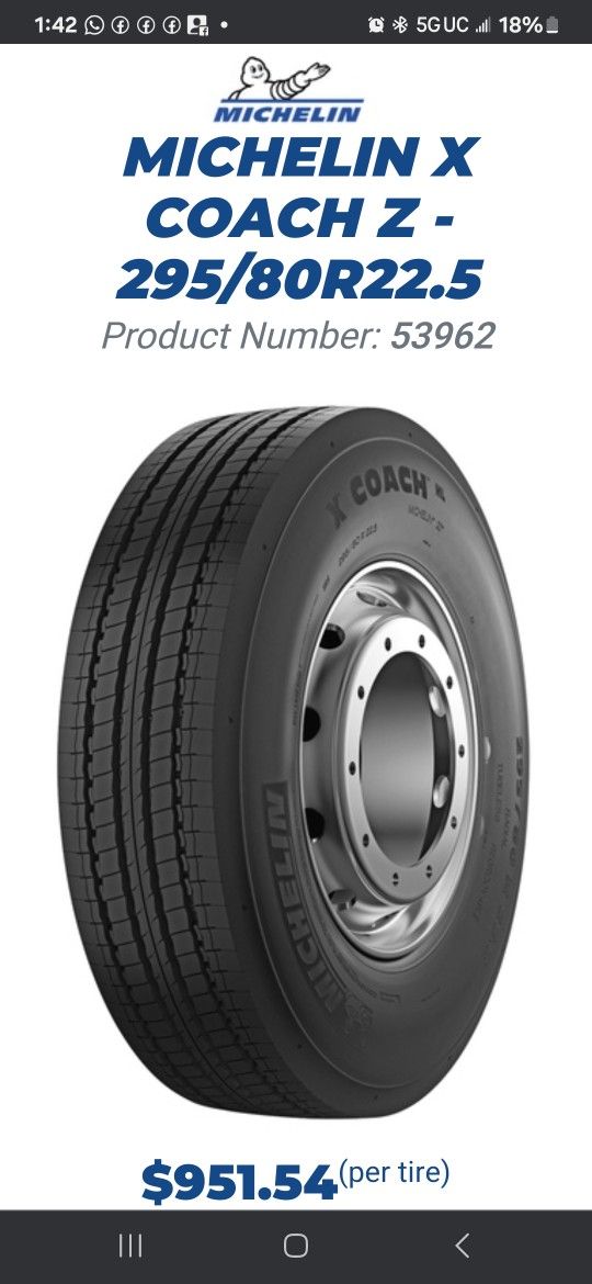 Brand New Michelin XZ-A2 295/80/R22.5 ,Coach-Truck- Motorhome NEVER Inflated , Never Mounted C9