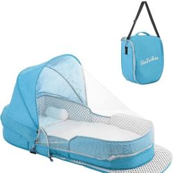 Light Blue Portable Travel Bassinet With Mosquito Net Backpack