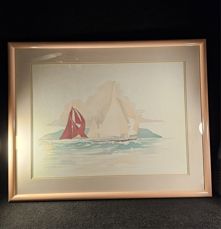 Gorgeous 38"X30" Framed Watercolor Print ' Sailboats At Arches France' ⭐️One-Of-A-Kind-Find⭐️
