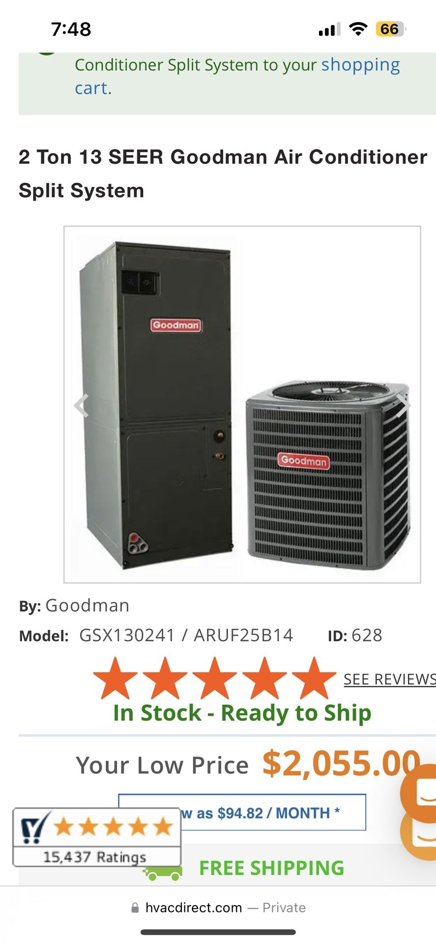 Goodman GSX130241 BRAND NEW 2 TON 13 SEER …. BRAND NEW IN THE BOX AND