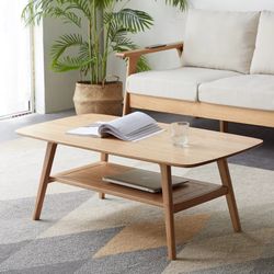 Wood Coffee Table - 100% Solid Wood- 2-Tier Coffee Table with Storage for Living Room, Eco-Friendly Finish, Easy Assembly (Natural, 31.49" D x 19.68" 