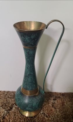 Beautiful Vintage Verdigris & Brass Enamel Pitcher Vase
