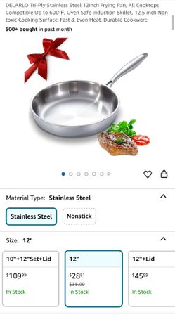 DELARLO Tri-Ply Stainless Steel 12inch Frying Pan, All Cooktops Compatible Up to 600℉, Oven Safe Induction Skillet, 12.5 inch Non toxic Cooking Surfac