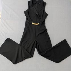 Women's Sleeveless Tuxedo Wrap Jumpsuit – Gold Chain Belt – Wide Leg – Black