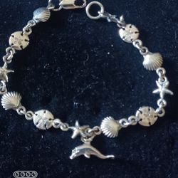 Vtg.sterling Silver - Sea Shells,starfish,DOLPHIN, Link Bracelet- 8 In.