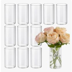 (8888-43) 12pcs Cylinder Vases for Centerpieces - 6 Inch Tall Glass Vases for Flowers, Hurricane Candle Holder Modern Simple Floating Candle Vase Form