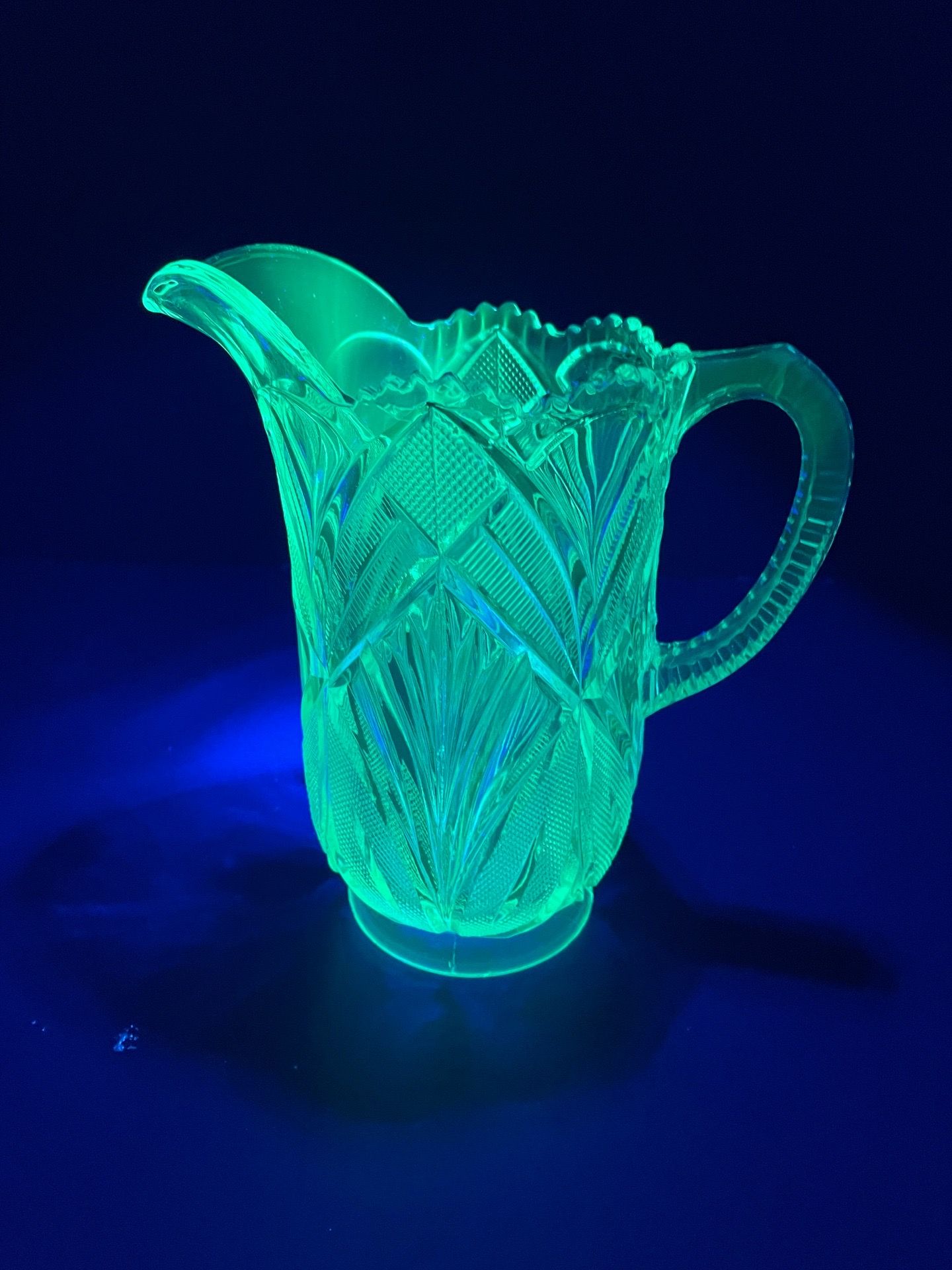 GLOWS!! 1920’s EAPG Manganese Stippled Fans Glass Pitcher