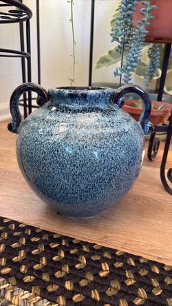 Blue Glazed Ceramic Vase with Handles