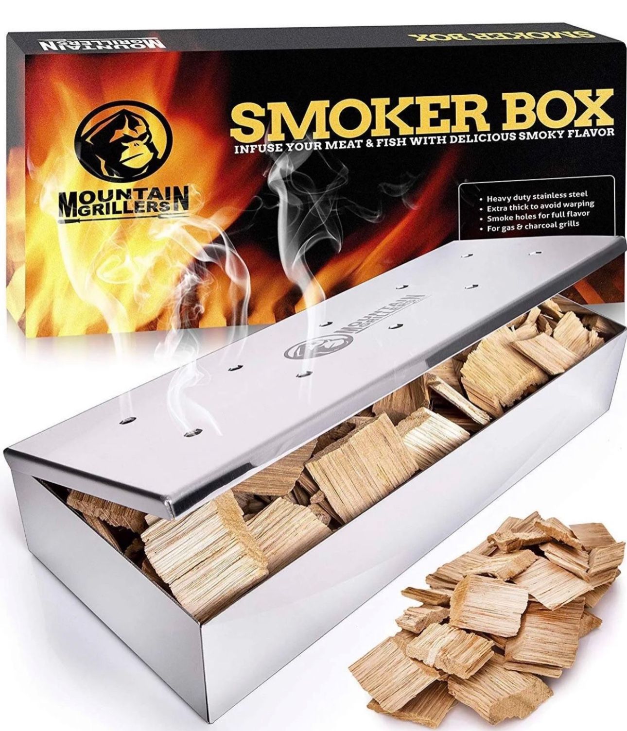 Smoker Box for Wood Chips Easy Access polished finish stainless steel Silver