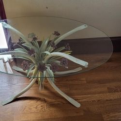 Glass Table.  Sculpted Floral Metal Base