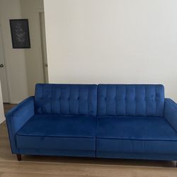 Modern Blue Futon Sofa – 6’9” Long, Great Condition!