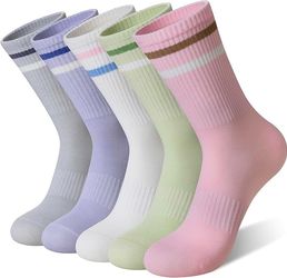 BRAND NEW 5 Pairs Womens Crew Socks Athletic Casual Cotton Long Socks Stripe (Size US 6-9) #A5