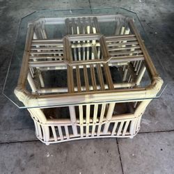Vintage Rattan Glass Coffee Table - Boho Coastal Style