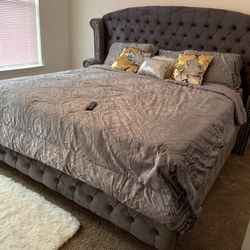MS Q Gray King Size Tufted Velvet Platform Bed 