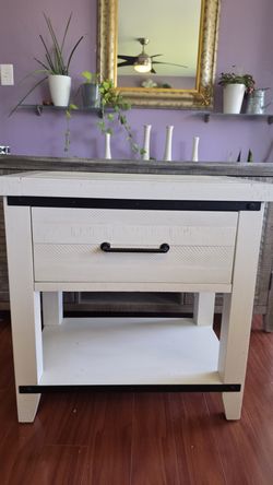 White Distressed Nightstand with Drawer and Shelf