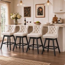 30" Velvet Upholstered Solid Wood Counter and Bar Height Swivel Bar Stools - Set of 4 - Beige - Bar Height